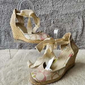 Coach Women‎ Mindy Scribble Print Espadrille Wedge Heels Size 7M Beige Ankle Tie